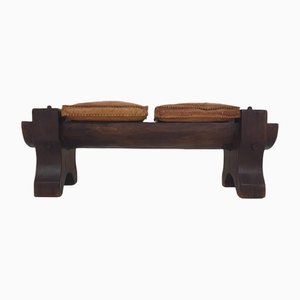 Solid Oak Bench with Leather Cushions, Spain, 1970s
