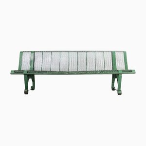 French Green Perforated Steel Outdoor Bench with Scroll Feet, 1950s