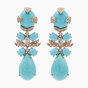 18 Karat Yellow Gold Dangle Earrings With Turquoise & Diamonds, Set of 2