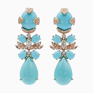 Boucles d'Oreilles en Or Jaune 18 Carats avec Turquoise et Diamants, Set de 2