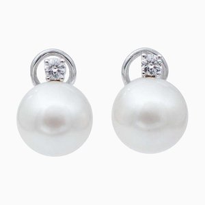 14 Karat White Gold Stud Earrings With South-Sea Pearls & Diamonds, Set of 2