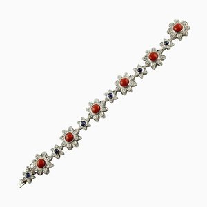 14 Karat White Gold Link Bracelet With Red Corals, Diamonds & Blue Sapphires