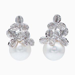 Aretes colgantes de oro blanco de 14 kt con perlas y diamantes de los mares del Sur, juego de 2