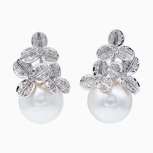 Orecchini pendenti in oro bianco 14 carati con perle dei mari del sud e diamanti, set di 2