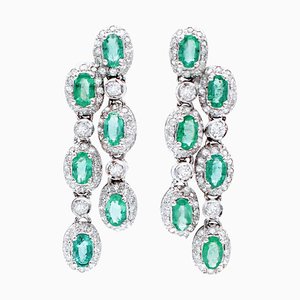 14 Karat White Gold Dangle Earrings With Emeralds & Diamonds, Set of 2