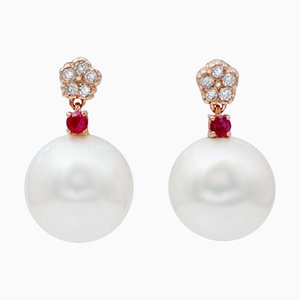 Boucles d'Oreilles en Or Rose 14 Carats avec Perles Blanches, Rubis et Diamants, Set de 2