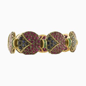 Rose Gold and Silver Link Bracelet With Rubies, Emeralds & Blue Sapphires