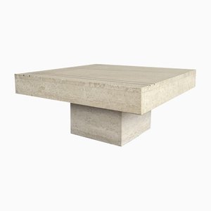 Square Block Travertine Coffee Table With Brass Lines