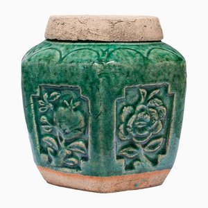 Antique Japanese Hexagonal Glazed Earthenware Spice Jar