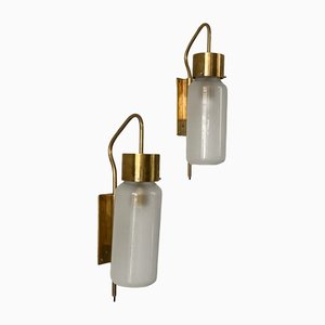 Vintage LP10 Bidoni Brass & Glass Wall Lamps by Luigi Caccia Dominioni for Azucena, Set of 2