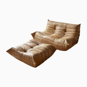 Camel Brown Leather Togo Sofa Chair & Pouf Set by Michel Ducaroy for Ligne Roset, 1970s, Set of 2
