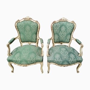 Louis XV White & Gold Lacquered Armchairs, Italy, 1950, Set of 2