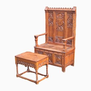 French Neo Gothic Throne Chair and Side Table, 1800s, Set of 2