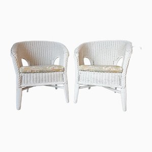 Mid-Century White Wicker Rattan Garden Armchairs, Set of 2