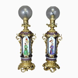 Porcelain & Golden Bronze Lamps, Set of 2