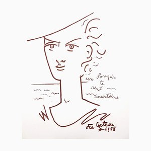 Litografia originale di Jean Cocteau, Ritratto di donna, 1959