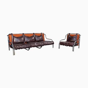 Mid-Century Italian Stringa Sofa and Chair in Leather by Gae Aulenti for Poltronova, 1965, Set of 2