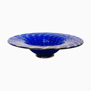 Centro de mesa italiano Mid-Century de cristal de Murano azul con decoración dorada, años 70