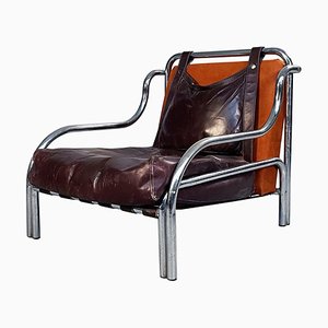 Mid-Century Italian Stringa Lounge Chair in Leather attributed to Gae Aulenti for Poltronova, 1965