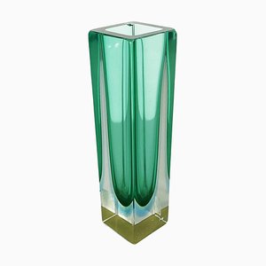 Mid-Century Italian Vase in Green Murano Glass with Internal Blue Shades, 1970s