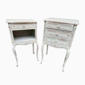 Antique French Painted Oak Bedside Nightstand Tables, Set of 2