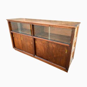 Vintage Oak Shop Glazed Sliding Counter Cupboard, 1960