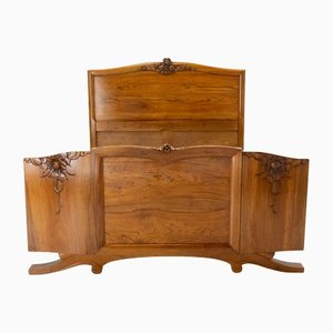 French Art Deco Carved Walnut Queen Bed, 1930s