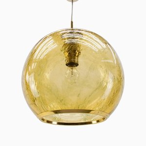 German Amber Bubble Glass Hanging Lamp with Brass from Doria Leuchten, 1960s