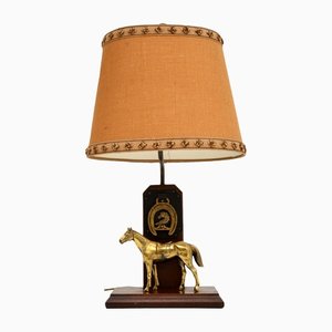 Antique Brass & Oak Horse Table Lamp
