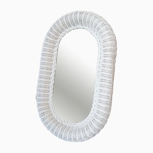 Large Mid-Century White Rattan Wicker Oval Mirror