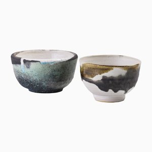 Japanese Natural Green & Gold Raku Ceramic Cloud Tea Cups from Laab Milano, Set of 2