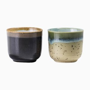 Tazas de té japonesas de cerámica Raku en verde y dorado de Laab Milano. Juego de 2