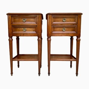 Mid-Century French Walnut Nightstands With Two Drawers & One Low Shelf, Set of 2