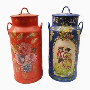 Large Antique Metal Decorative Hand Painted Handled Milk Can, Set of 2