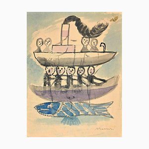 Mino Maccari, The Fish Boat, Original Drawing, Mid-20th-Century