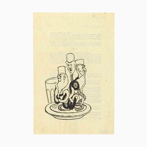 Mino Maccari, The Spaghetti with Politician Sauce, Drawing, Mid-20th-Century