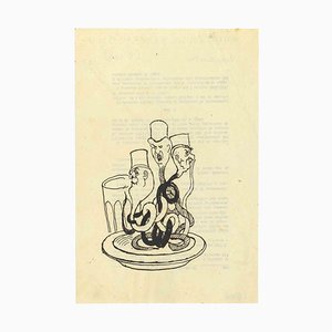 Mino Maccari, The Spaghetti with Politician Sauce, Drawing, Mid-20th-Century