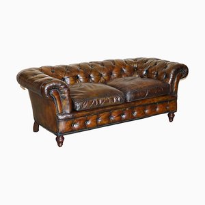 Antique Victorian Chesterfield Tufted Brown Leather Sofa with Feather Filled Cushions