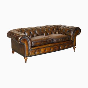 Antique Victorian Hardwood Framed Chesterfield Tufted Brown Leather Sofa