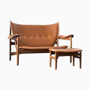 Wood and Leather Chieftain Sofa Couch and Chieftain Stool by Finn Juhl for Design M, Set of 2