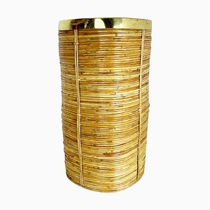 Mid-Century French Bauhaus Paper Bin in Rattan and Brass, 1960s