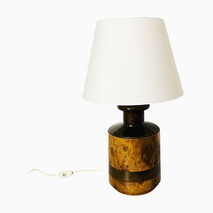 Mid-Century Italian Table Lamp in Briar and Metal with Opaque White Fabric, 1960s