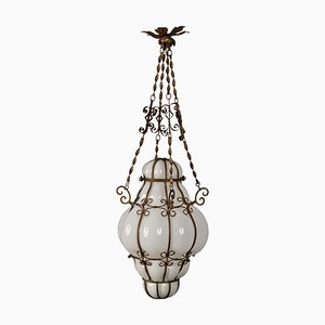 Mid-Century Venetian Brass and Mouth Blown Murano White Glass Chandelier, 1940s