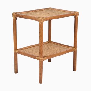 Mid-Century Italian Rectangular Two-Tiers Bamboo and Rattan Side Table, 1970s