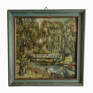 Art Deco German Landscape Painting, 1920s, Oil on Wood, Framed