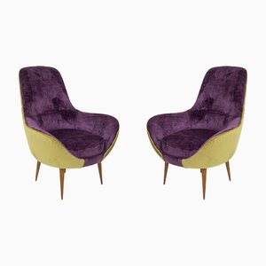 Set of Vintage Wooden Armchairs in Purple and Green Velvet