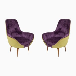 Vintage Wooden Armchairs in Purple and Green Velvet, Set of 2