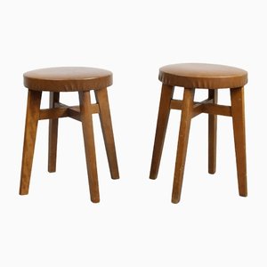 Tabouret Mid-Century en Similicuir Marron, Set de 2