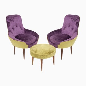 Poltrone vintage in legno con pouf di velluto viola e verde, set di 3