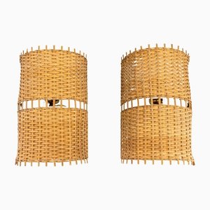 Swiveling Wall Lamps with Wicker Shades by J. T. Kalmar, Vienna, 1950s, Set of 2